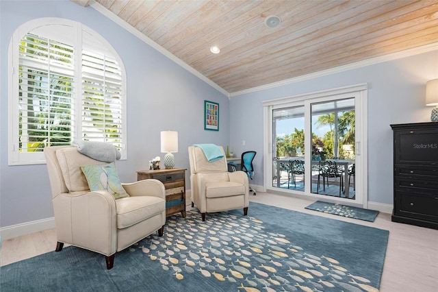 living area with wood ceiling, crown molding, baseboards, and vaulted ceiling