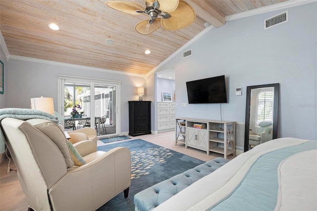 living room featuring vaulted ceiling with beams, visible vents, wood ceiling, and ornamental molding