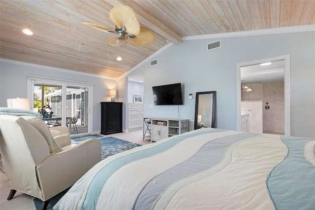 bedroom featuring crown molding, access to outside, and visible vents