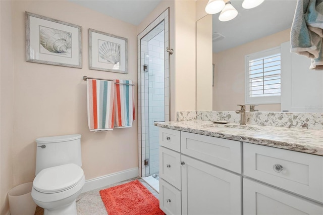 full bathroom with visible vents, toilet, a shower stall, baseboards, and vanity