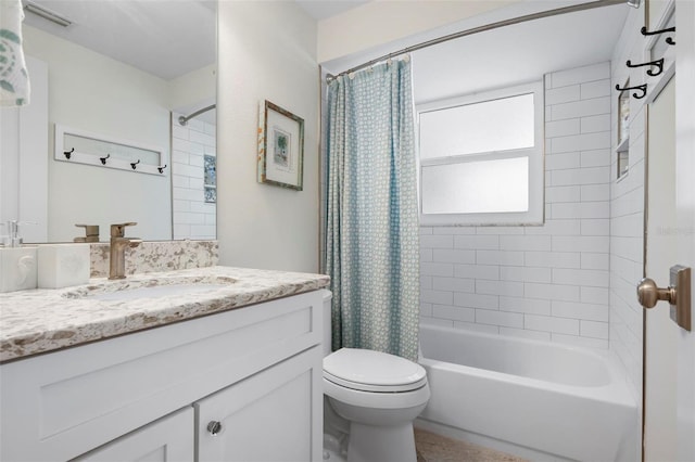 bathroom featuring visible vents, toilet, vanity, and shower / bathtub combination with curtain