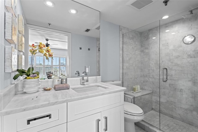 full bath featuring visible vents, a stall shower, toilet, and ceiling fan