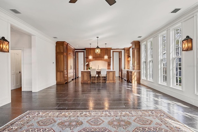 unfurnished living room with a healthy amount of sunlight, visible vents, and ornamental molding