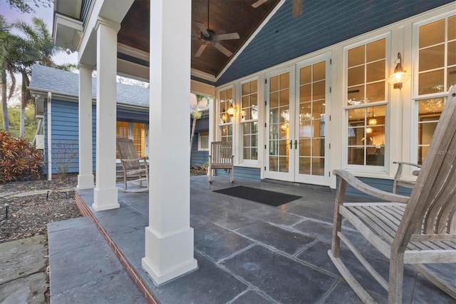 view of patio with ceiling fan and french doors