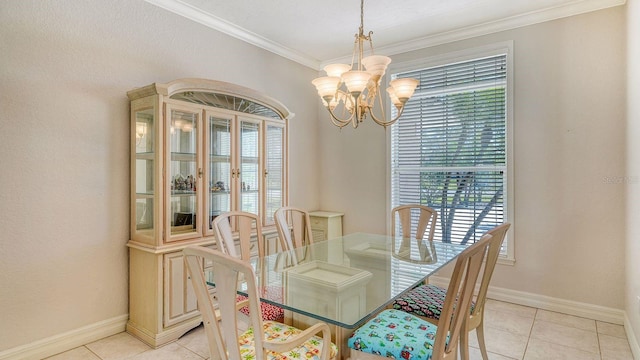 dining space featuring light tile patterned floors, baseboards, a notable chandelier, and crown molding