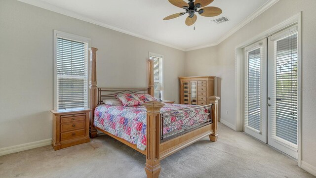 bedroom featuring access to exterior, visible vents, baseboards, ornamental molding, and carpet flooring