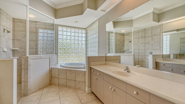 full bath featuring tile patterned flooring, vanity, walk in shower, and ornamental molding