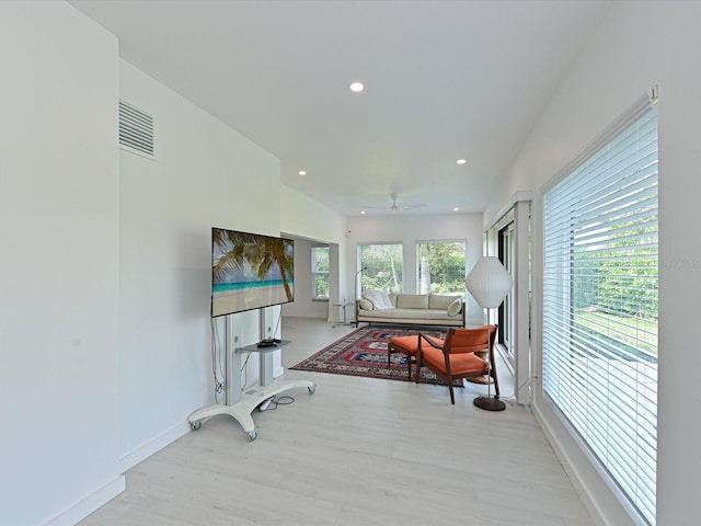 home office featuring recessed lighting, visible vents, ceiling fan, wood finished floors, and baseboards