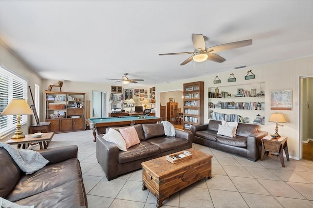 living room with pool table, light tile patterned flooring, visible vents, and ceiling fan