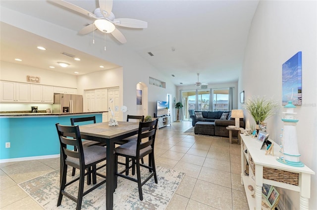 dining space with ceiling fan, light tile patterned flooring, recessed lighting, visible vents, and baseboards