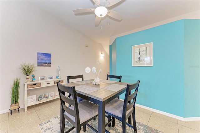 dining room with a ceiling fan, baseboards, and light tile patterned floors