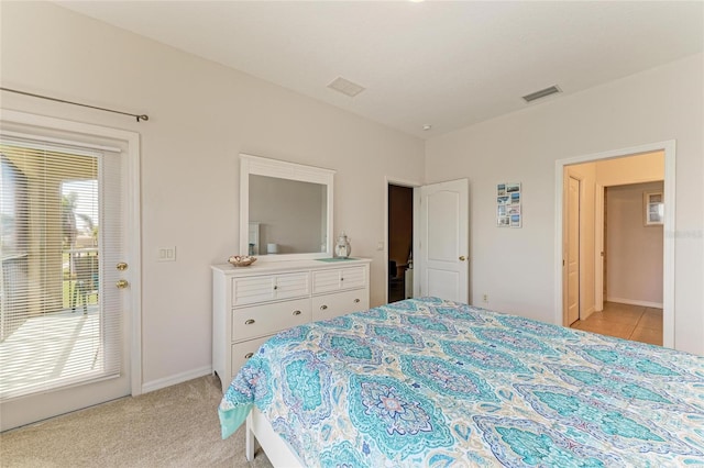 bedroom with access to outside, visible vents, light carpet, and multiple windows