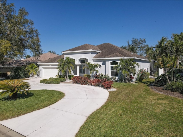 mediterranean / spanish home with an attached garage, driveway, a front lawn, and stucco siding