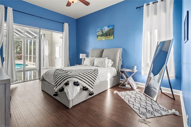 bedroom with ceiling fan, access to outside, wood finished floors, and baseboards