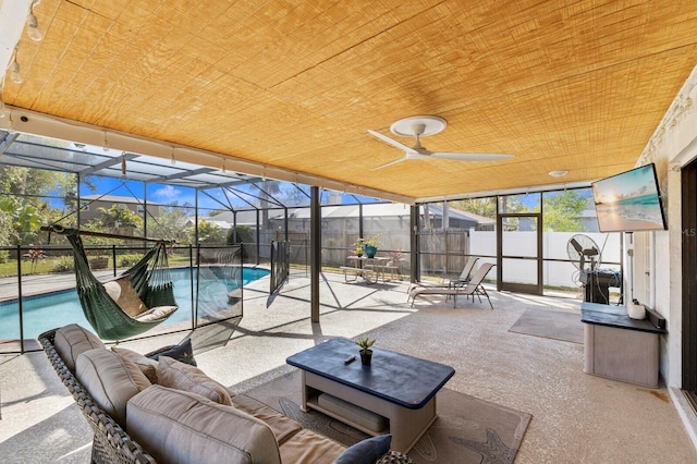 sunroom with wooden ceiling