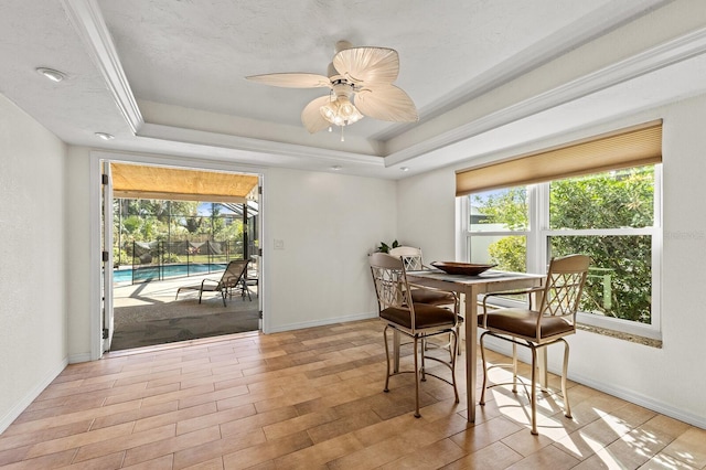 dining room featuring plenty of natural light, a tray ceiling, and baseboards