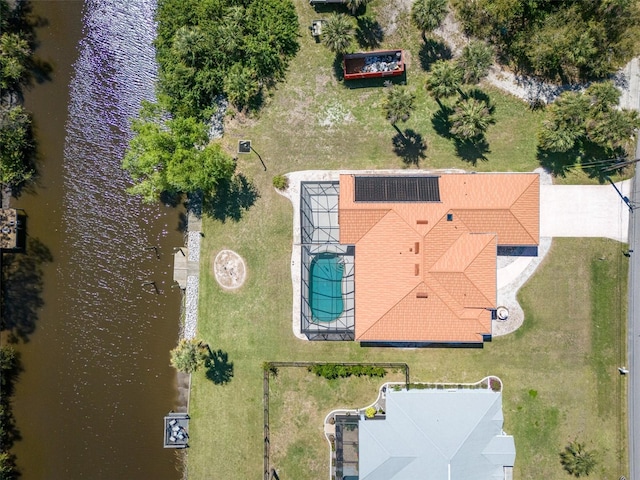 drone / aerial view with a water view