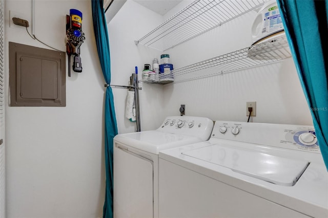 laundry room with electric panel and washing machine and dryer