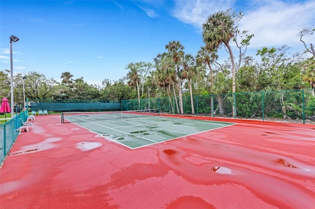 view of tennis court with fence