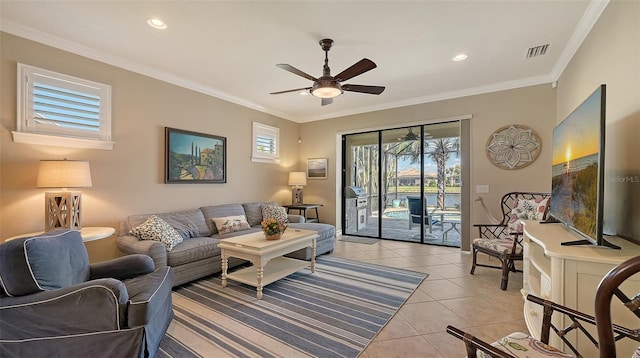 living area featuring ceiling fan, visible vents, crown molding, and recessed lighting