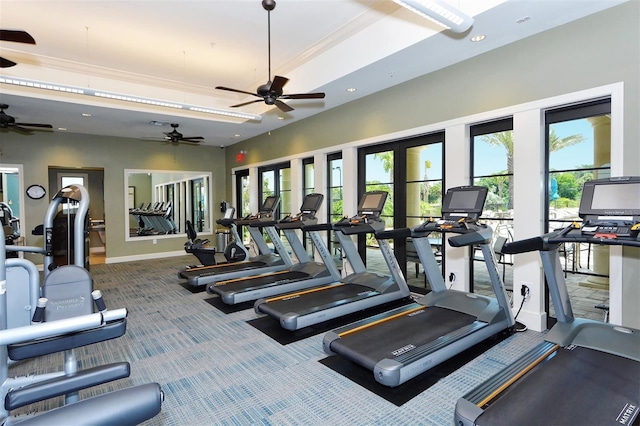 workout area with carpet floors, recessed lighting, plenty of natural light, and baseboards