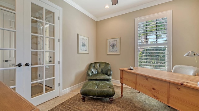 living area featuring french doors, recessed lighting, ornamental molding, tile patterned flooring, and baseboards