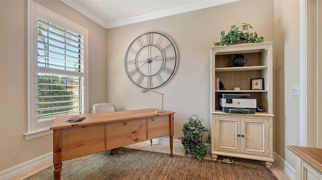 home office with ornamental molding and baseboards