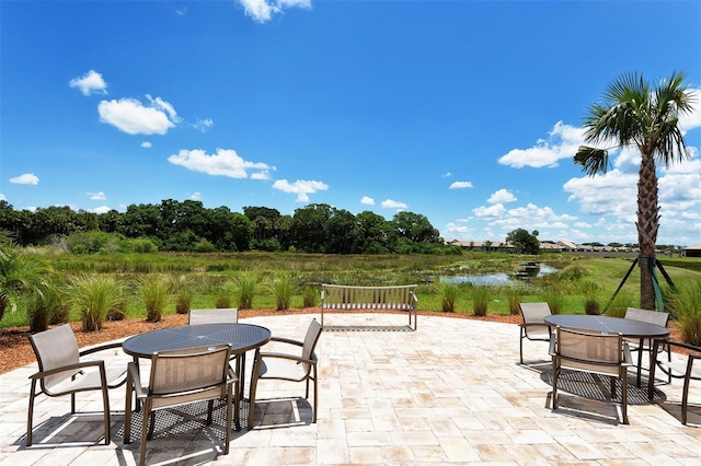 view of patio / terrace with a water view and outdoor dining space