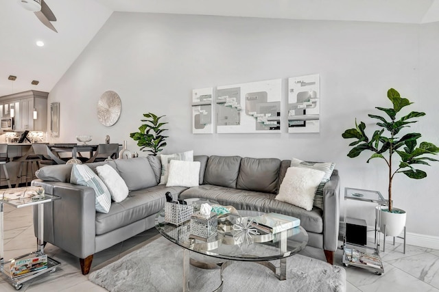 living area with baseboards, marble finish floor, high vaulted ceiling, and recessed lighting