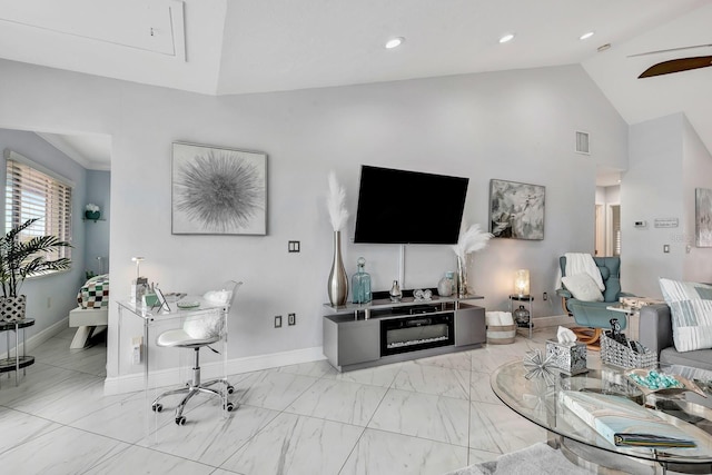 living room with baseboards, visible vents, ceiling fan, marble finish floor, and high vaulted ceiling