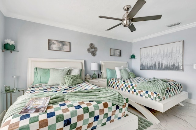 bedroom with marble finish floor, visible vents, ornamental molding, ceiling fan, and baseboards