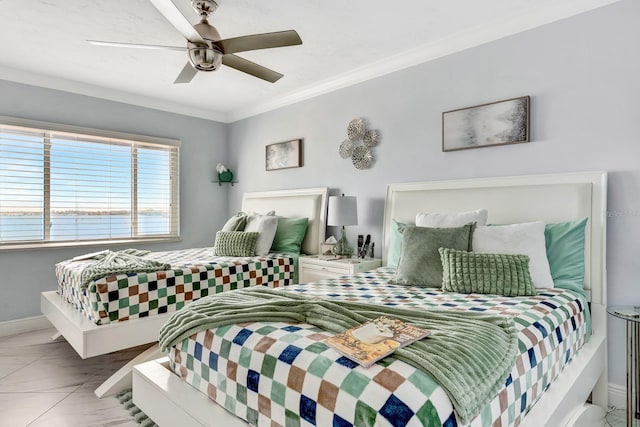 bedroom with baseboards, ornamental molding, and ceiling fan