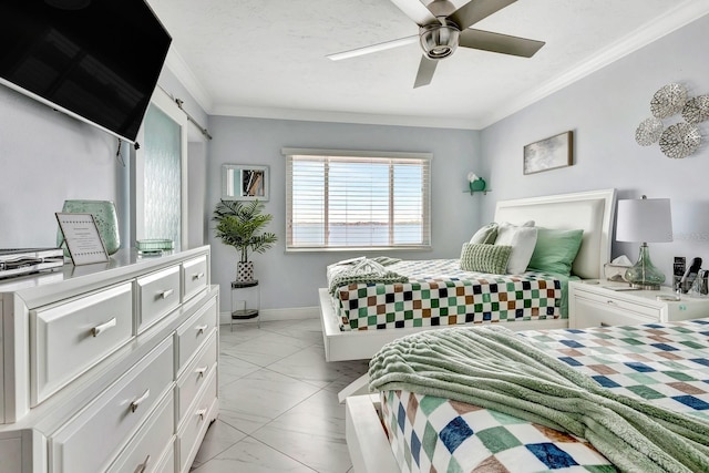 bedroom featuring marble finish floor, ornamental molding, a ceiling fan, and baseboards