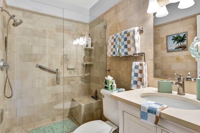 full bathroom with toilet, a stall shower, and tile walls