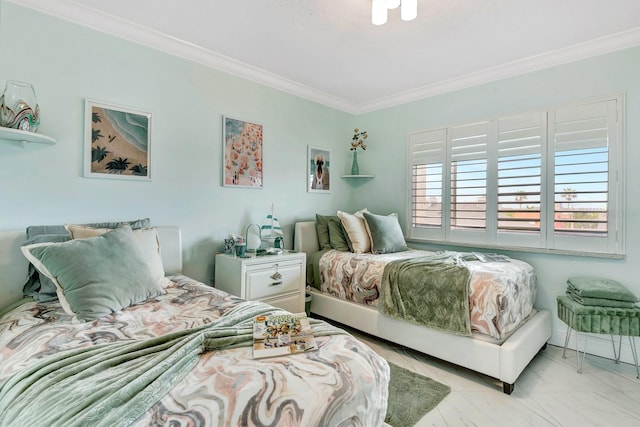 bedroom featuring marble finish floor, baseboards, and crown molding