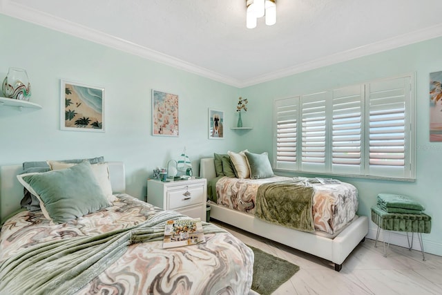 bedroom with crown molding and baseboards