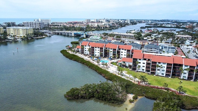 aerial view with a water view and a city view