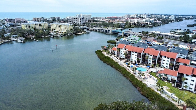 aerial view with a view of city and a water view