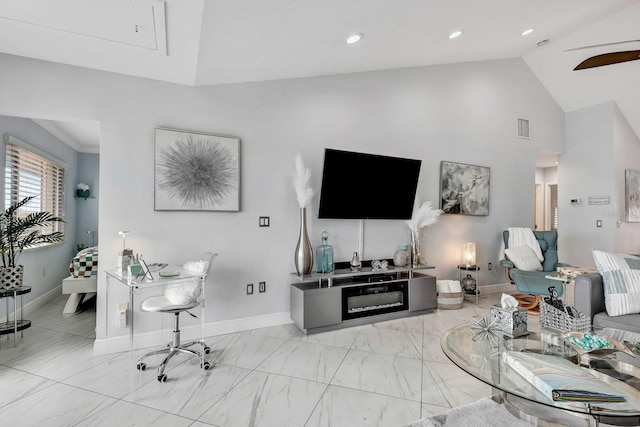 1602 Stickney Point Rd Unit 404, Sarasota, FL 34231 - living area featuring marble look tile flooring, baseboards, high vaulted ceiling, ceiling fan, and attic access
