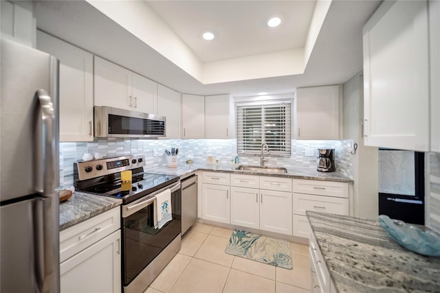 kitchen with light stone counters, stainless steel appliances, a raised ceiling, decorative backsplash, and a sink