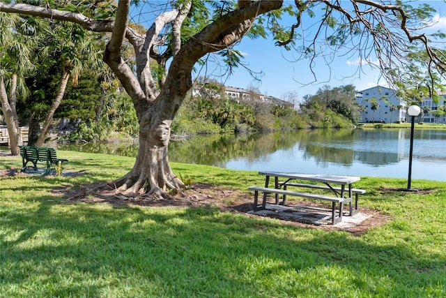 view of property's community featuring a water view and a yard