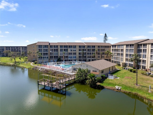 exterior space with a water view