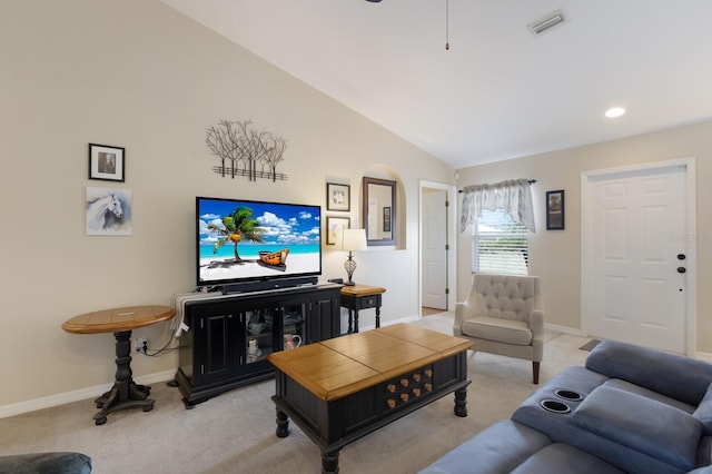 living room featuring vaulted ceiling, carpet flooring, visible vents, and baseboards