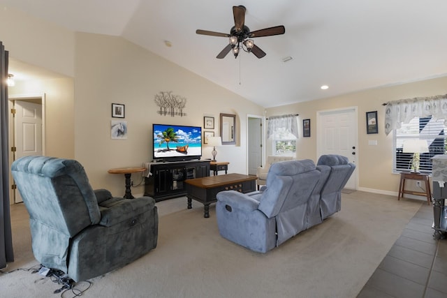 living room with lofted ceiling, recessed lighting, carpet flooring, visible vents, and a ceiling fan