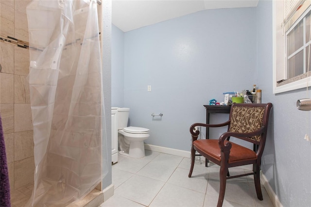 bathroom with lofted ceiling, toilet, a stall shower, baseboards, and tile patterned floors