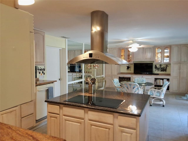 kitchen with light brown cabinetry, white appliances, island exhaust hood, and light tile patterned floors