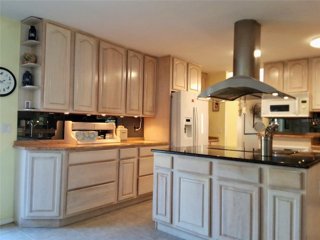 kitchen with white appliances, island range hood, light brown cabinetry, open shelves, and light tile patterned flooring