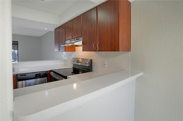 kitchen with dishwashing machine, under cabinet range hood, stainless steel electric stove, light countertops, and decorative backsplash