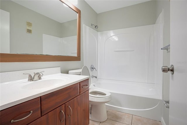 full bathroom featuring shower / bath combination, visible vents, toilet, tile patterned flooring, and vanity