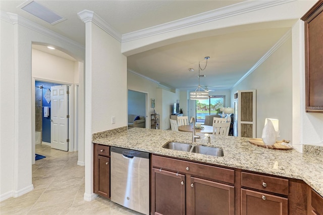 kitchen featuring light stone counters, a sink, visible vents, dishwasher, and crown molding